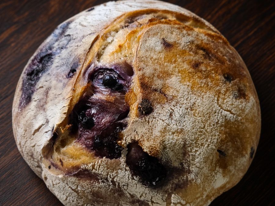 Round blueberry, honey and lemon sourdough loaf