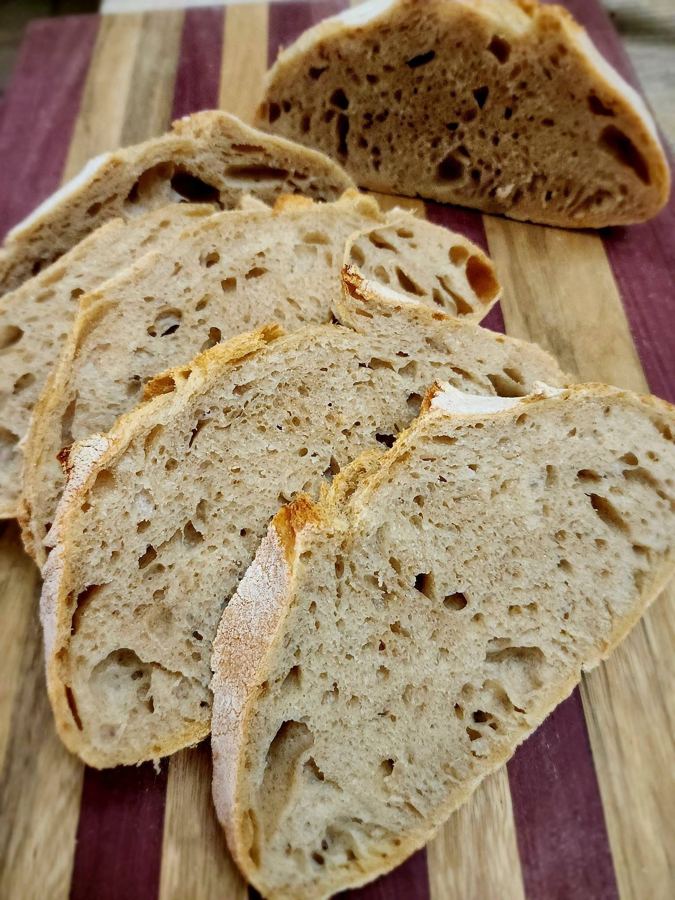 Sliced country boule showing the crumb