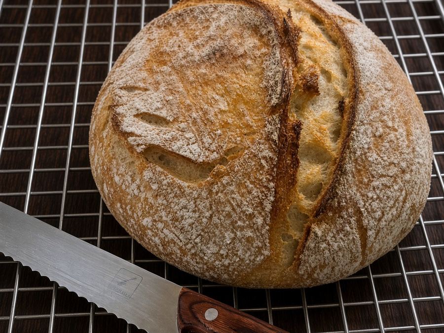 Classic sourdough loaf on a cooling rack